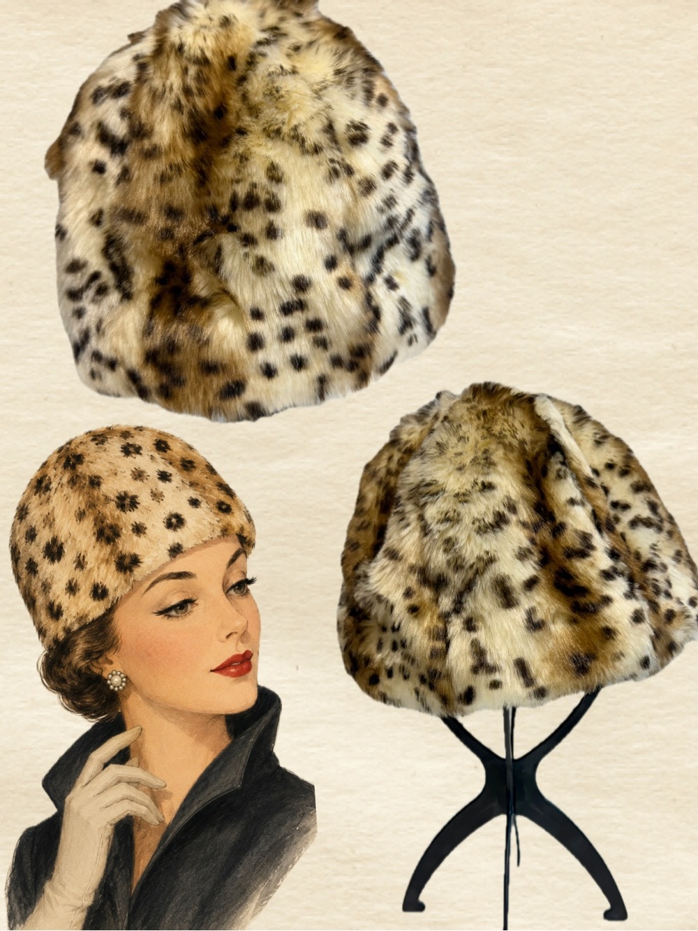 Leopard cheetah fur hat‎ cloche skull cap satin lined glamorous city chic retro